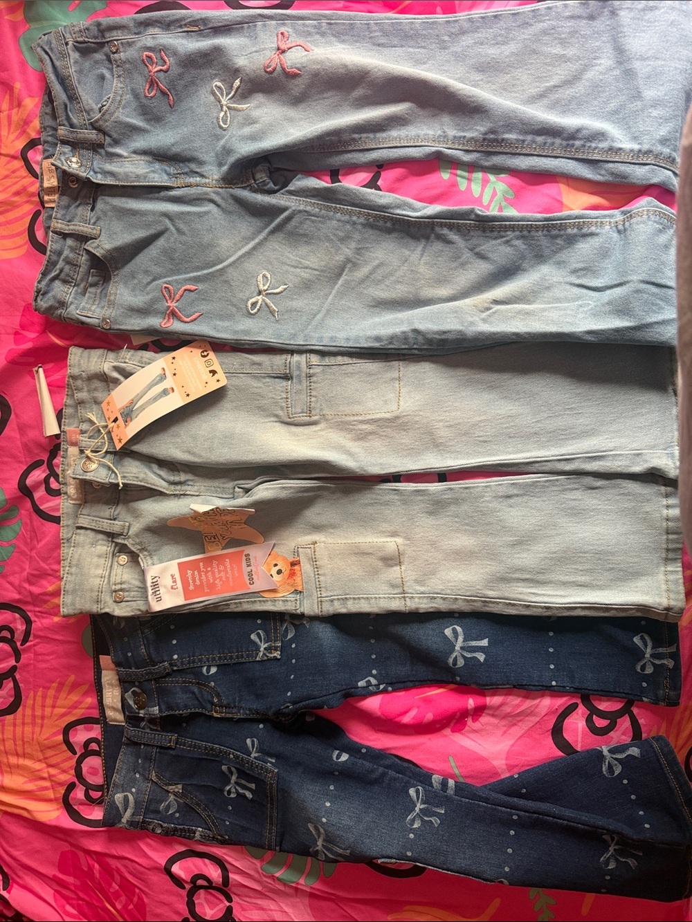 Girls Light Blue Embroidered Bow Jeans